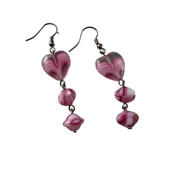 Pink Glass Heart Earrings - Picture 1 of 4